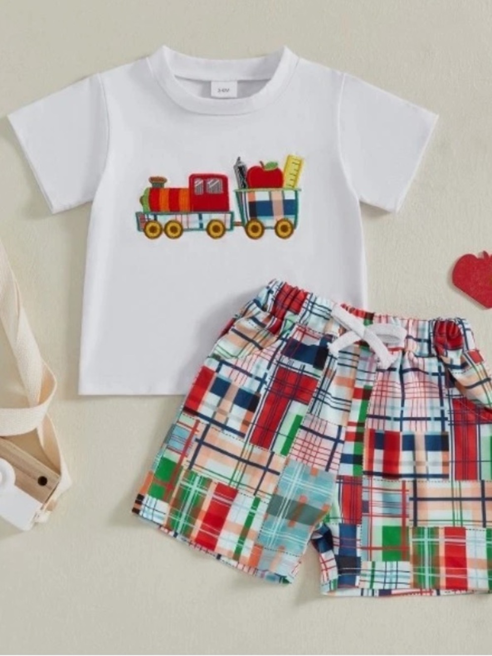 White Kids Pajama Set with Colorful Train and Plaid Shorts